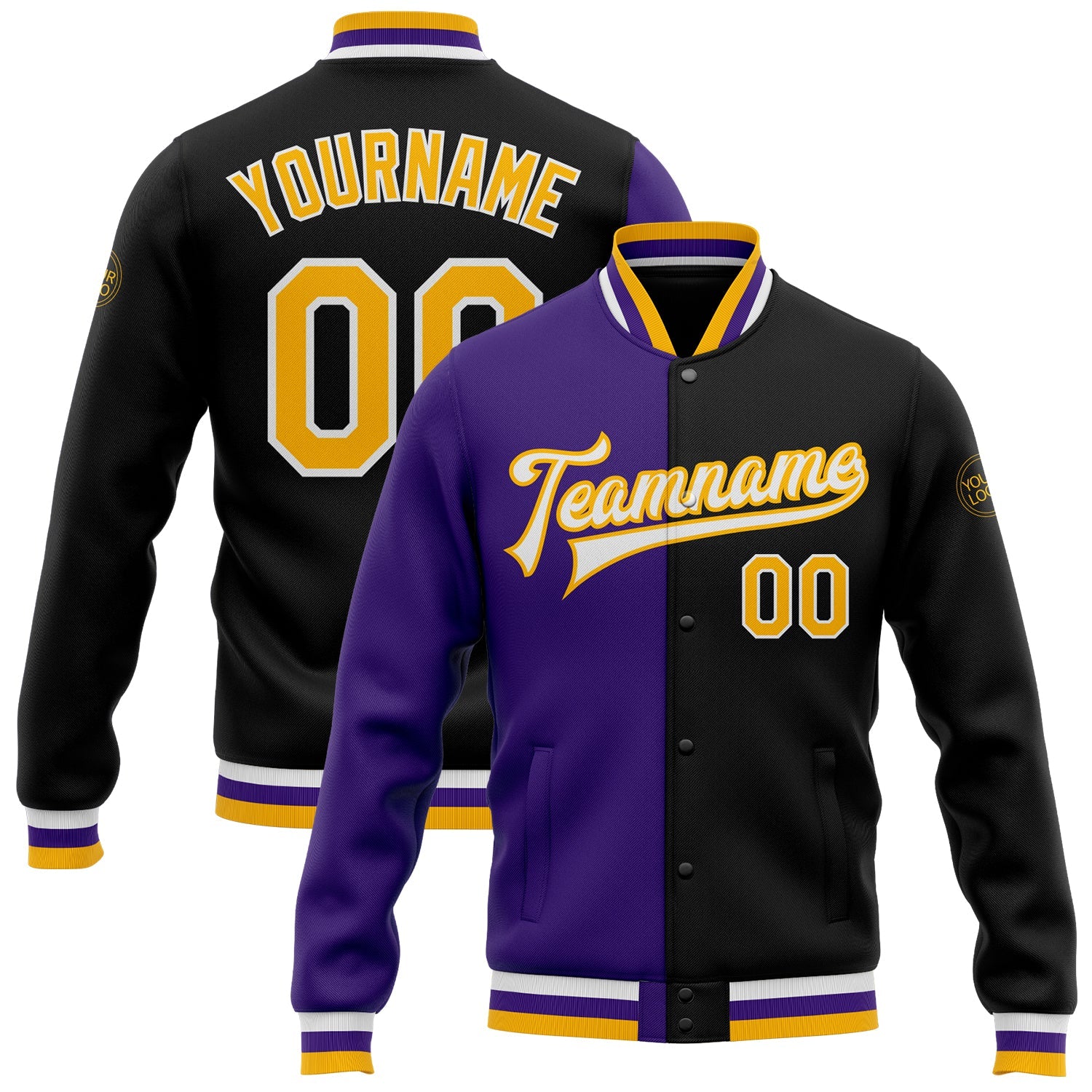 Custom Black Gold-Purple Bomber Full-Snap Varsity Letterman Split Fashion Jacket - Main View
