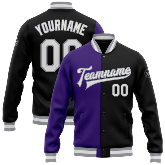 Custom Black White Purple-Gray Bomber Full-Snap Varsity Letterman Split Fashion Jacket - Main View