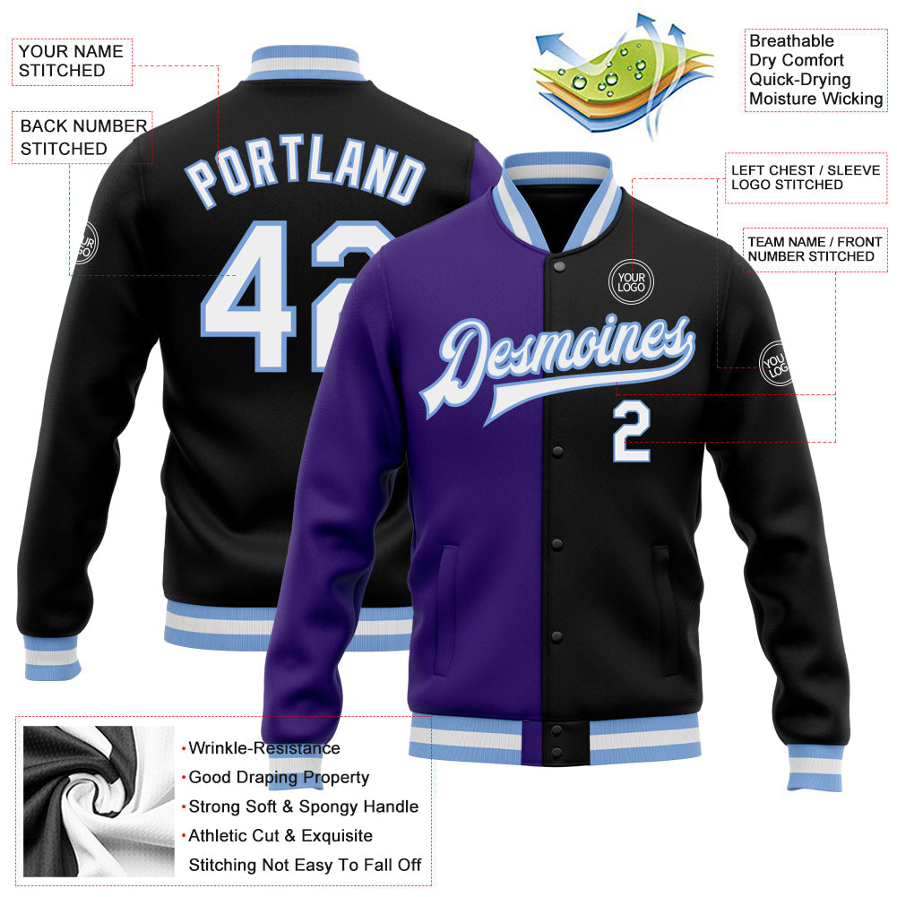 Custom Black White Purple-Light Blue Bomber Full-Snap Varsity Letterman Split Fashion Jacket view 5