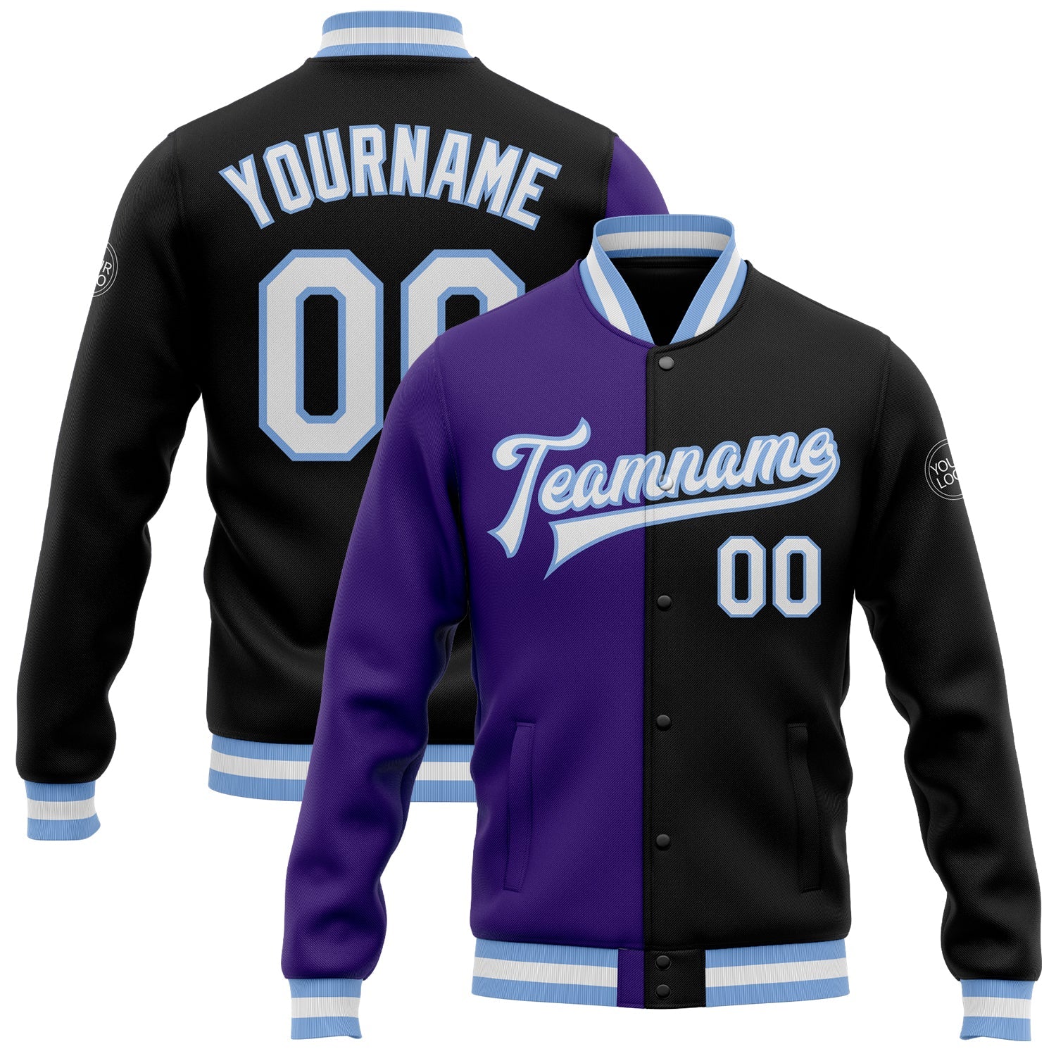 Custom Black White Purple-Light Blue Bomber Full-Snap Varsity Letterman Split Fashion Jacket - Main View