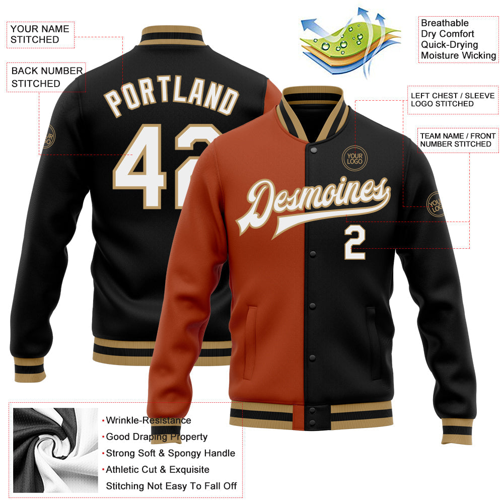 Custom Black White Texas Orange-Old Gold Bomber Full-Snap Varsity Letterman Split Fashion Jacket view 5