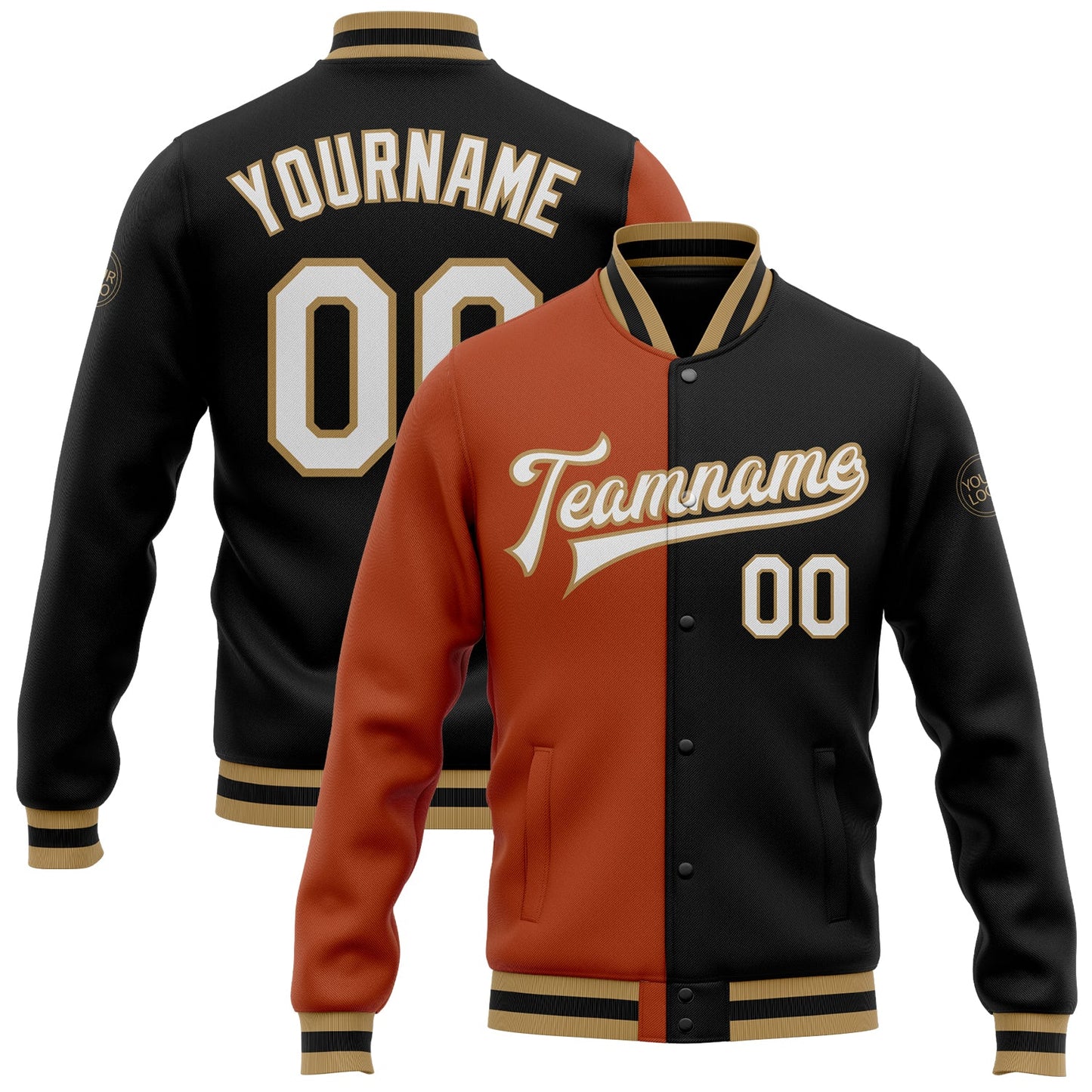 Custom Black White Texas Orange-Old Gold Bomber Full-Snap Varsity Letterman Split Fashion Jacket - Main View