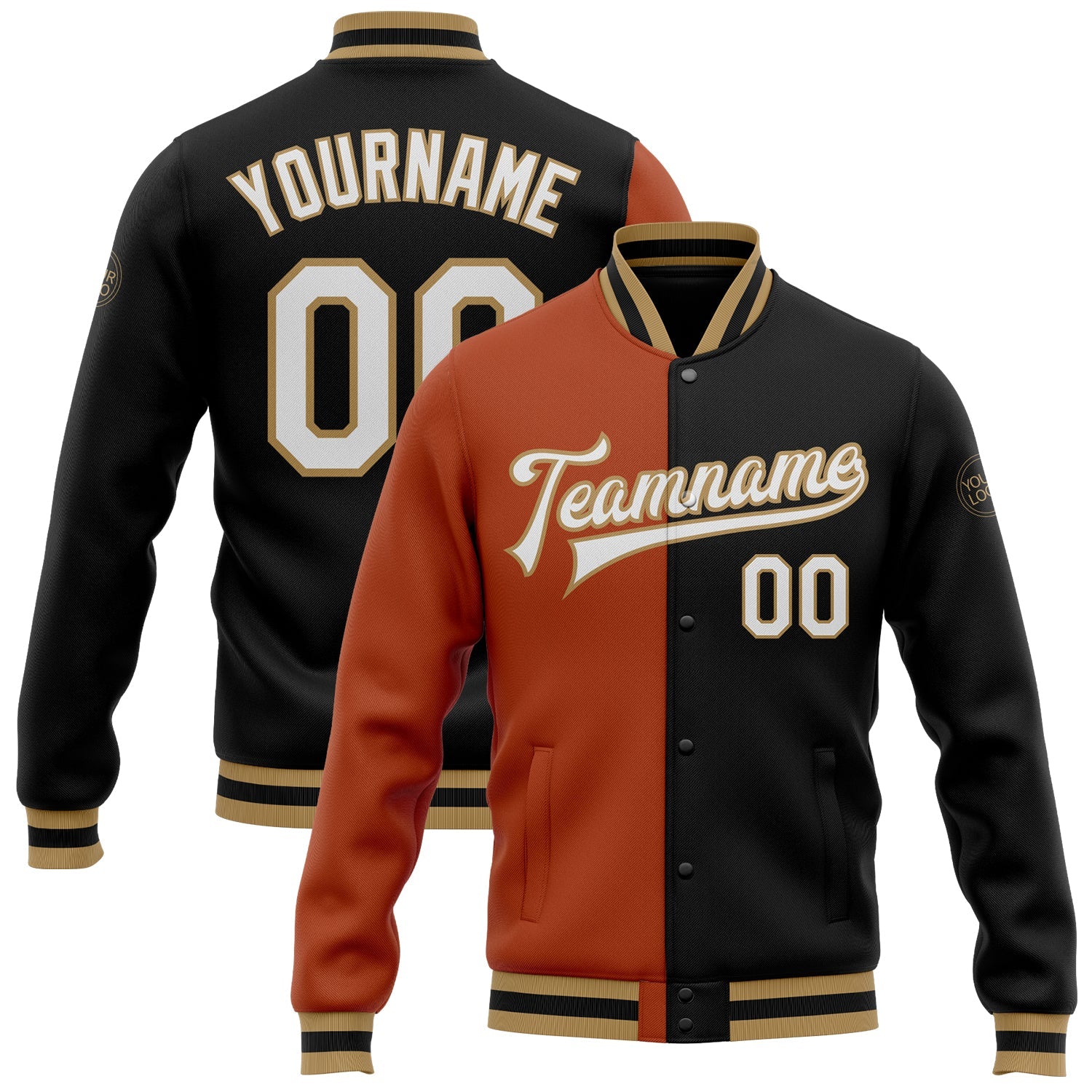 Custom Black White Texas Orange-Old Gold Bomber Full-Snap Varsity Letterman Split Fashion Jacket - Main View