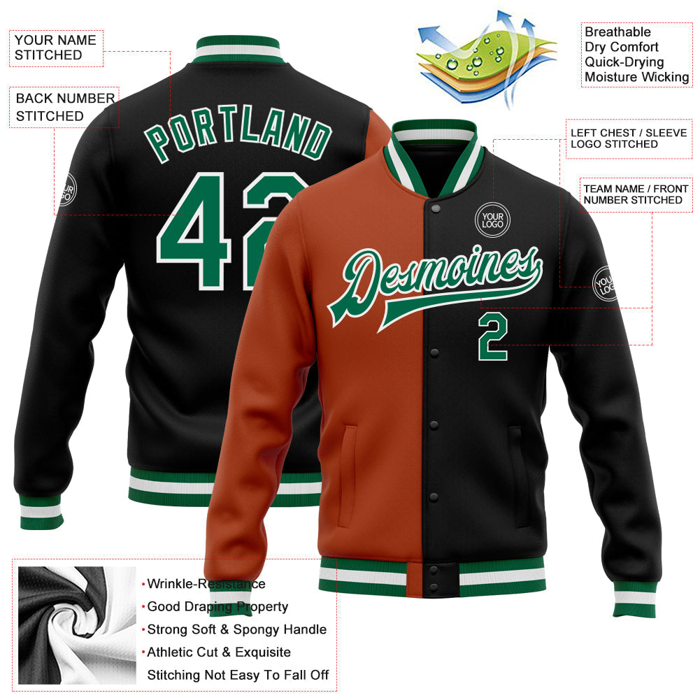 Custom Black Kelly Green-Texas Orange Bomber Full-Snap Varsity Letterman Split Fashion Jacket view 5