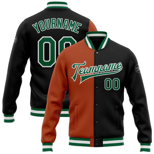 Custom Black Kelly Green-Texas Orange Bomber Full-Snap Varsity Letterman Split Fashion Jacket - Main View