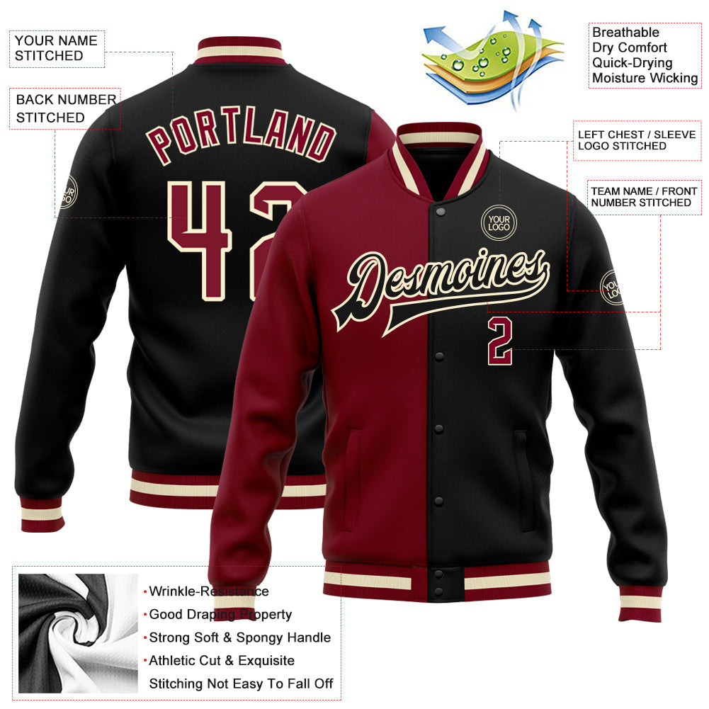 Custom Black Crimson Cream-Maroon Bomber Full-Snap Varsity Letterman Split Fashion Jacket view 5