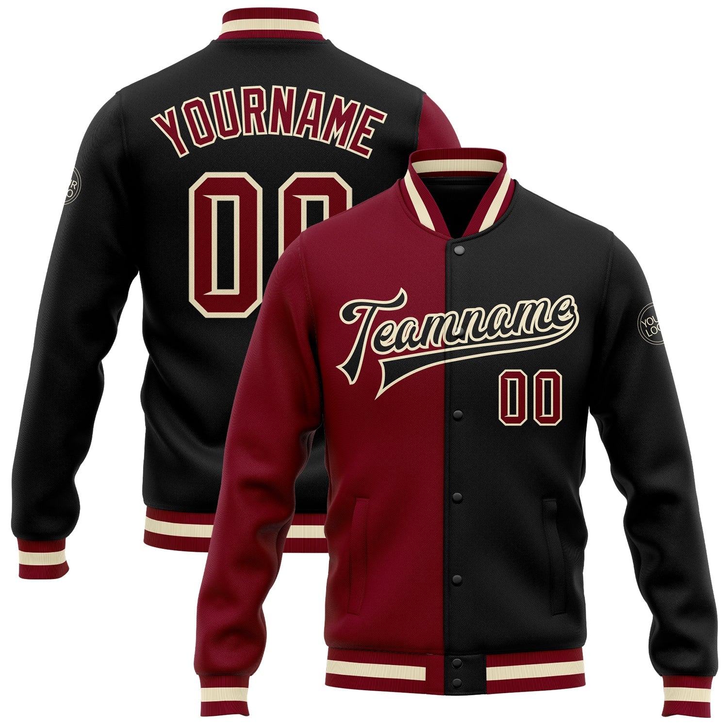 Custom Black Crimson Cream-Maroon Bomber Full-Snap Varsity Letterman Split Fashion Jacket - Main View