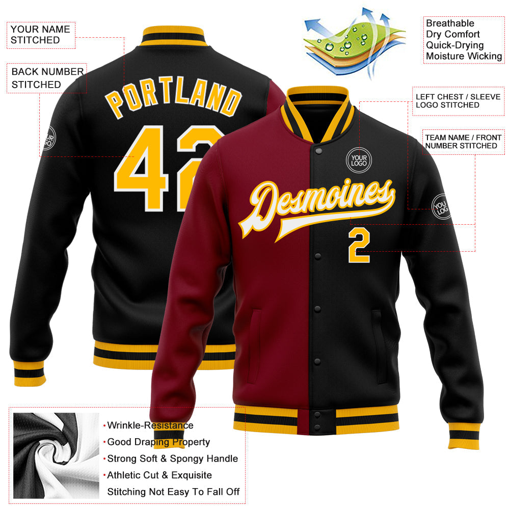 Custom Black Gold-Crimson Bomber Full-Snap Varsity Letterman Split Fashion Jacket view 5
