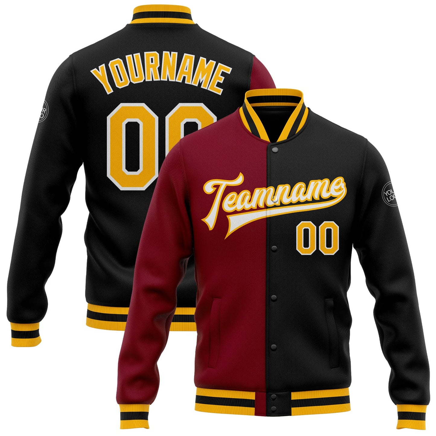 Custom Black Gold-Crimson Bomber Full-Snap Varsity Letterman Split Fashion Jacket - Main View