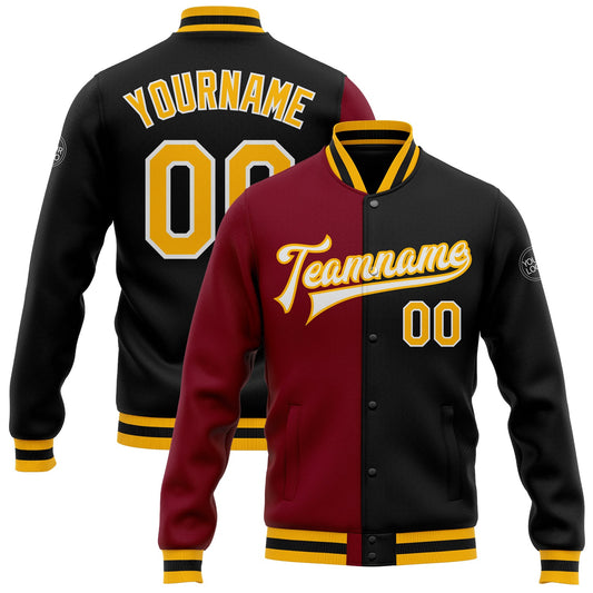 Custom Black Gold-Crimson Bomber Full-Snap Varsity Letterman Split Fashion Jacket - Main View