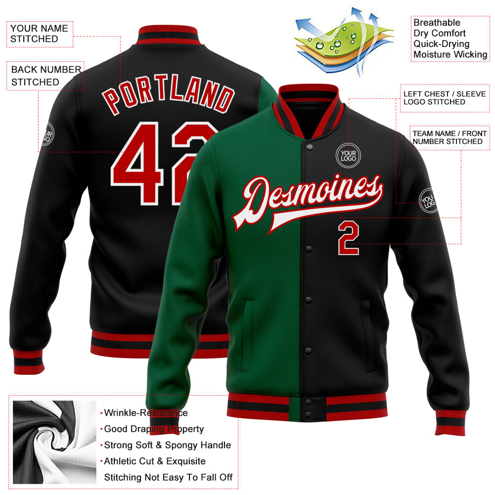 Custom Black Red-Kelly Green Bomber Full-Snap Varsity Letterman Split Fashion Jacket view 5