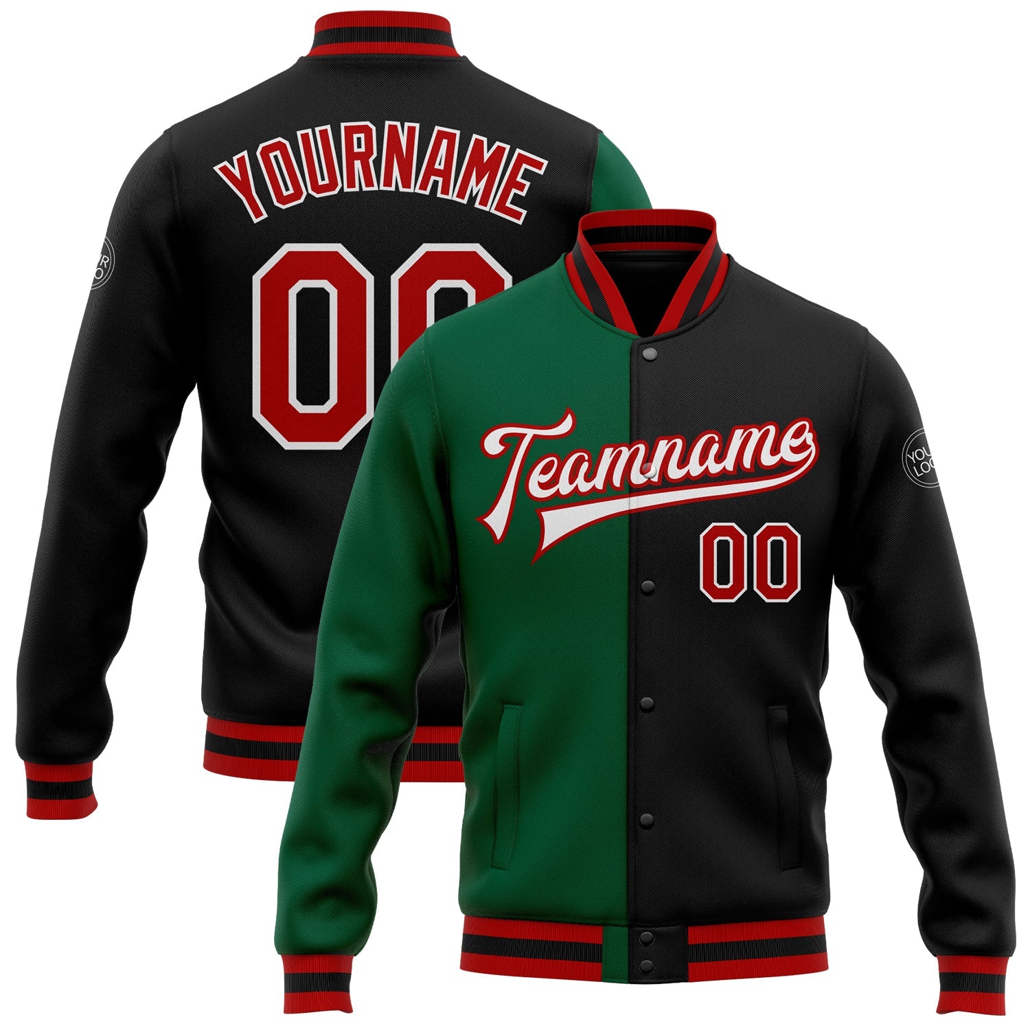 Custom Black Red-Kelly Green Bomber Full-Snap Varsity Letterman Split Fashion Jacket - Main View