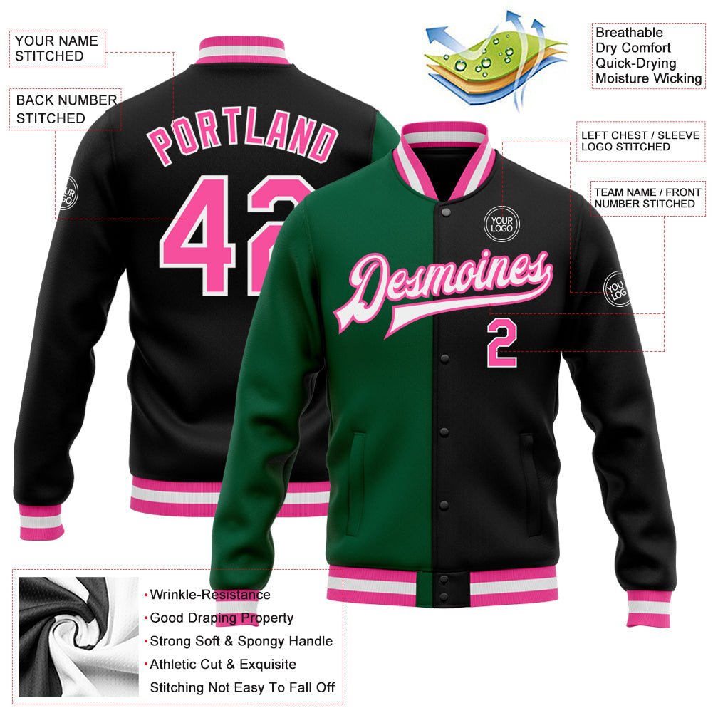 Custom Black Pink-Kelly Green Bomber Full-Snap Varsity Letterman Split Fashion Jacket view 5