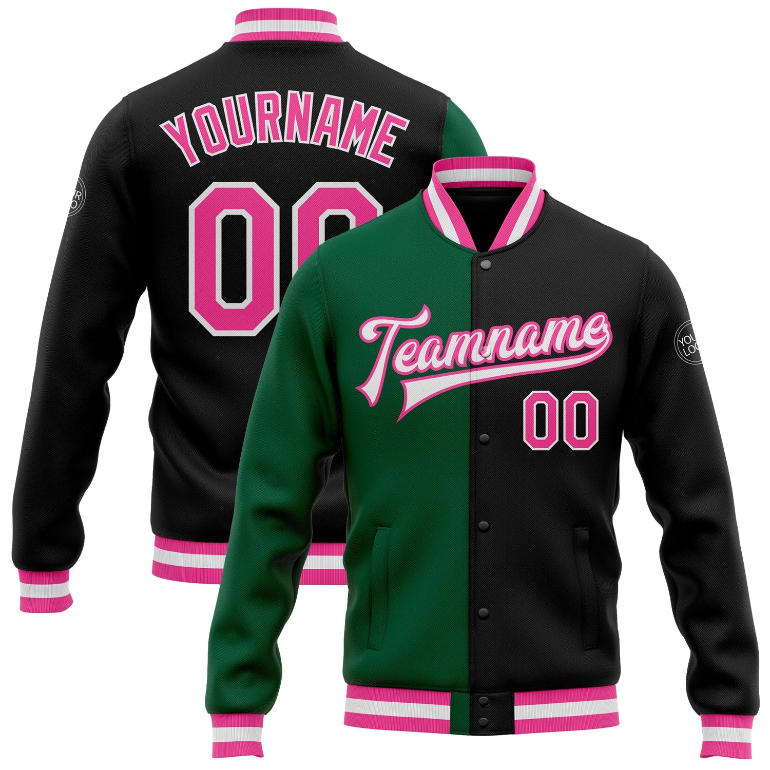 Custom Black Pink-Kelly Green Bomber Full-Snap Varsity Letterman Split Fashion Jacket - Main View