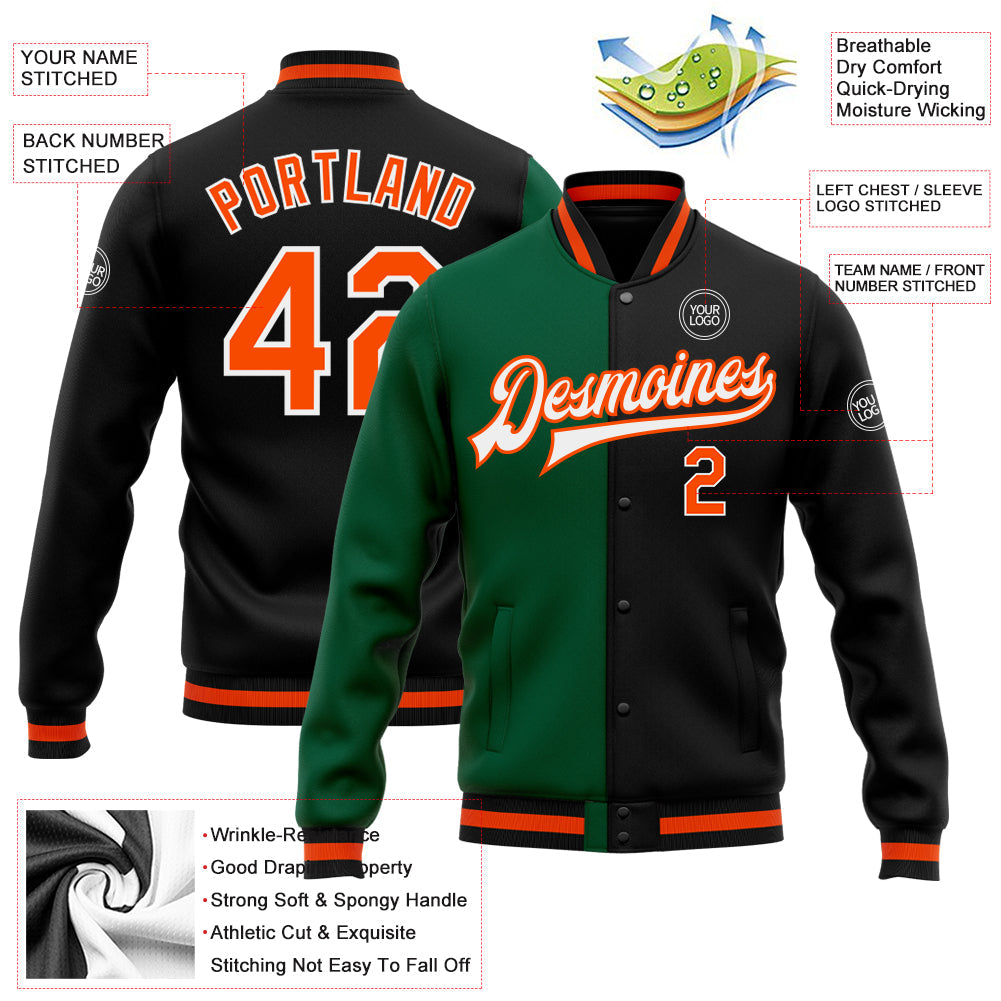 Custom Black Orange-Kelly Green Bomber Full-Snap Varsity Letterman Split Fashion Jacket view 5