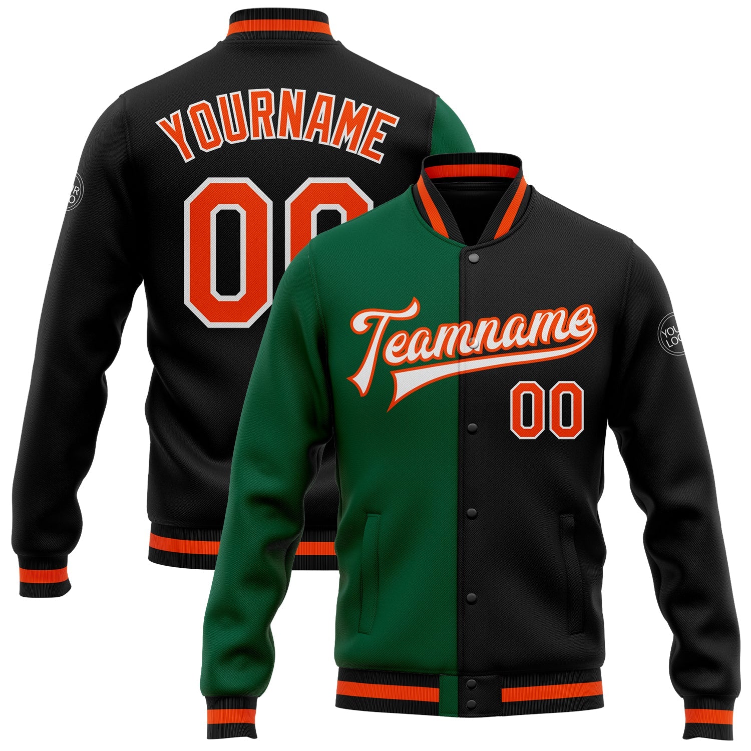 Custom Black Orange-Kelly Green Bomber Full-Snap Varsity Letterman Split Fashion Jacket - Main View