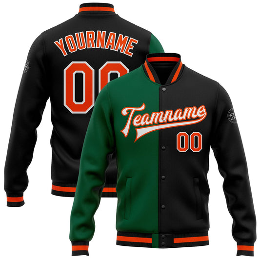 Custom Black Orange-Kelly Green Bomber Full-Snap Varsity Letterman Split Fashion Jacket - Main View