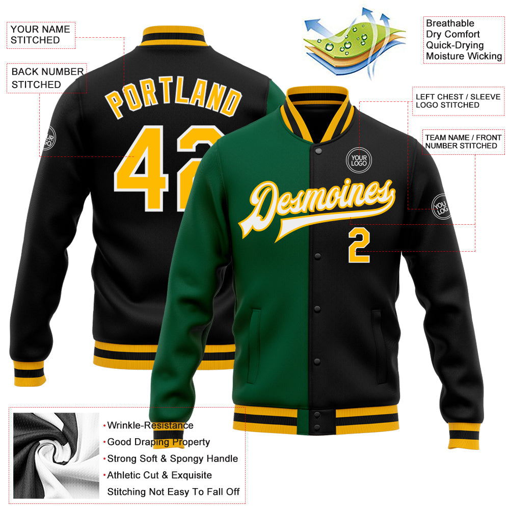 Custom Black Gold-Kelly Green Bomber Full-Snap Varsity Letterman Split Fashion Jacket view 5