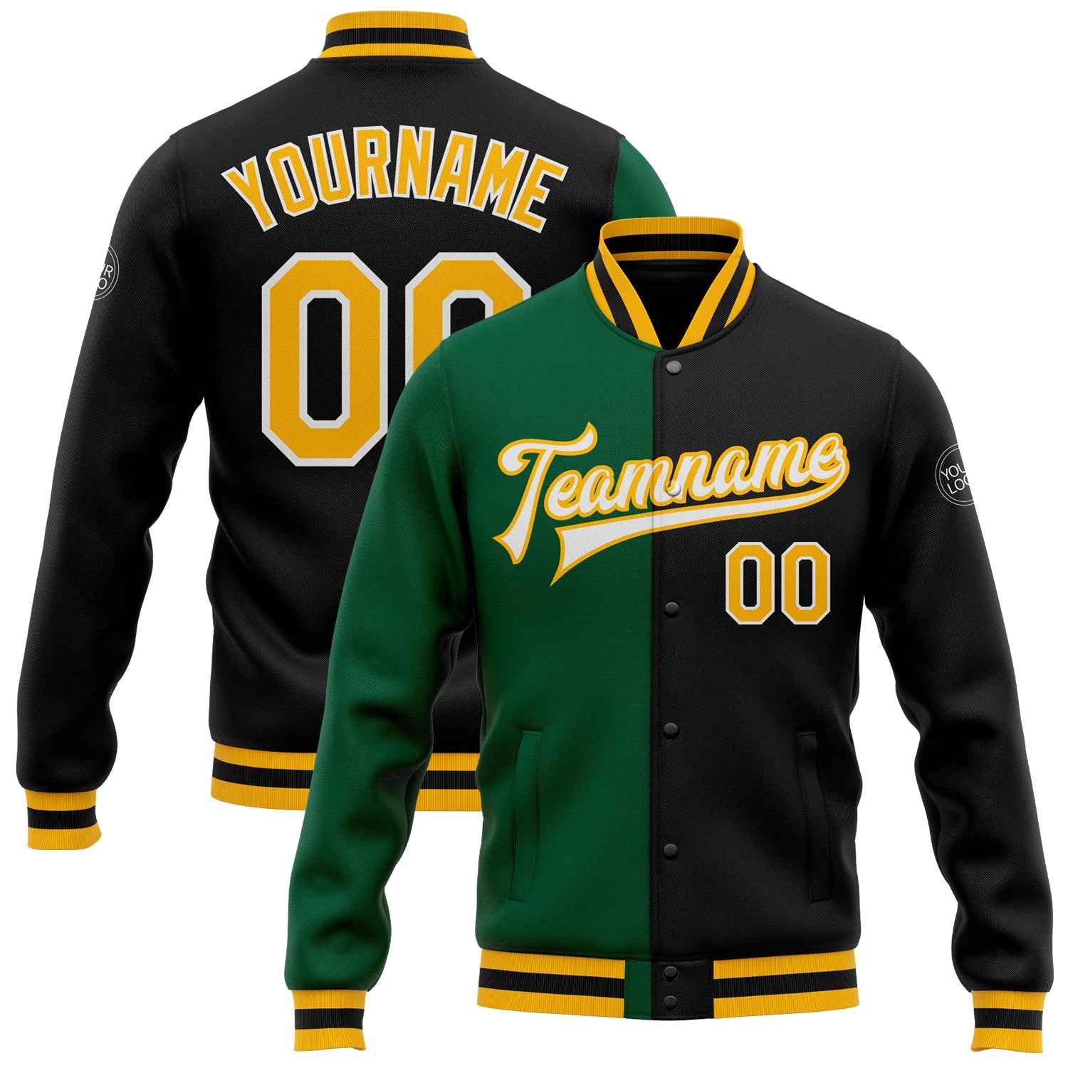 Custom Black Gold-Kelly Green Bomber Full-Snap Varsity Letterman Split Fashion Jacket - Main View