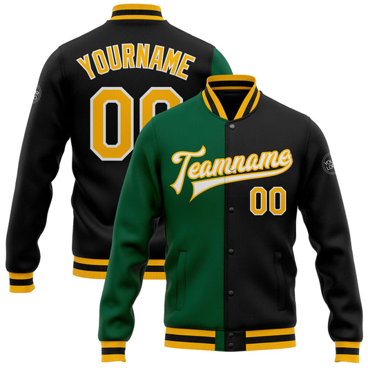 Custom Black Gold-Kelly Green Bomber Full-Snap Varsity Letterman Split Fashion Jacket - Main View