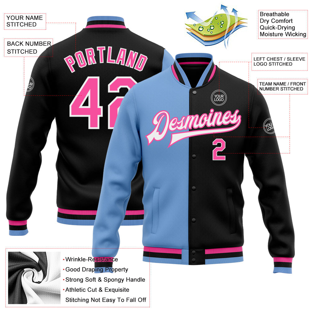 Custom Black Pink-Light Blue Bomber Full-Snap Varsity Letterman Split Fashion Jacket view 5