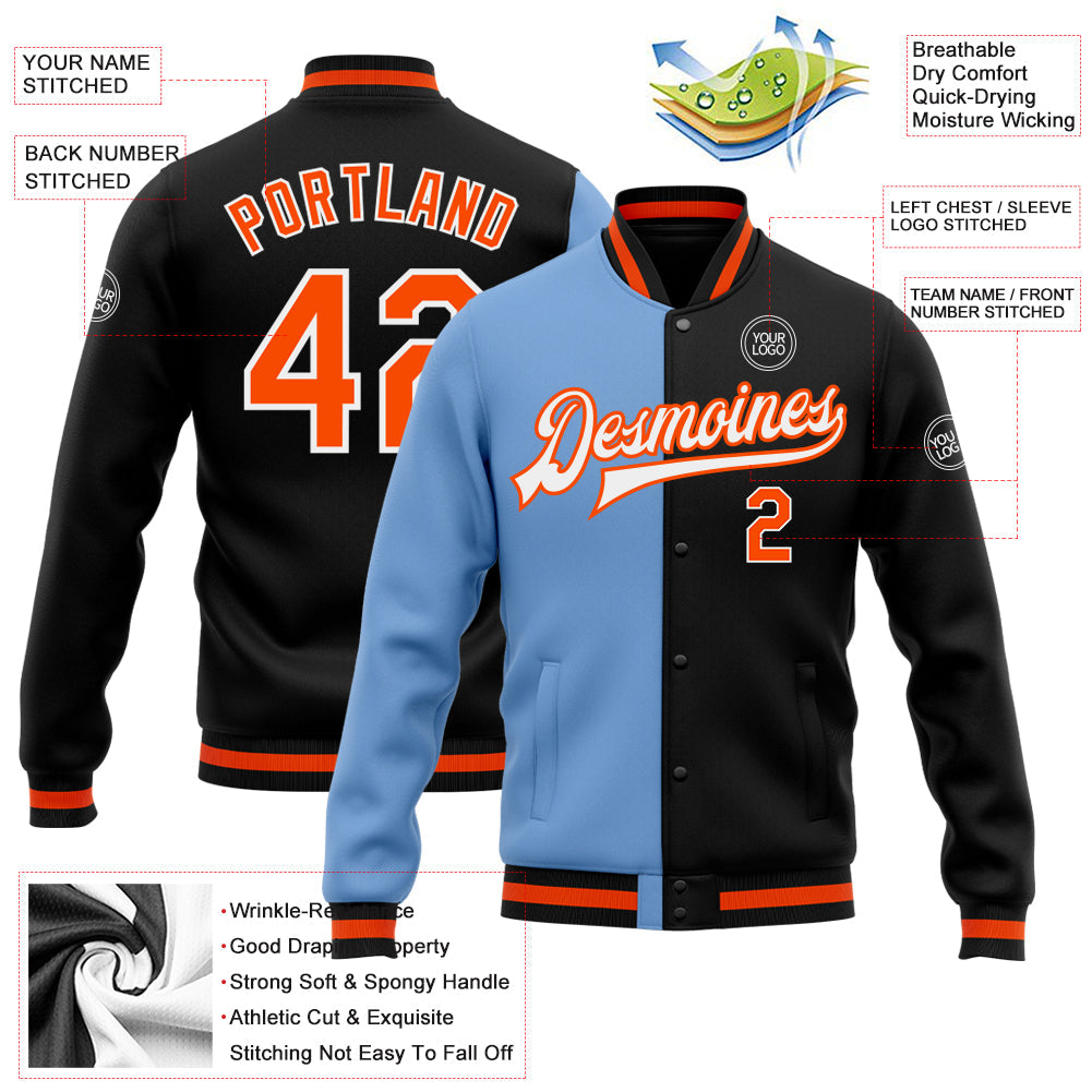 Custom Black Orange-Light Blue Bomber Full-Snap Varsity Letterman Split Fashion Jacket view 5