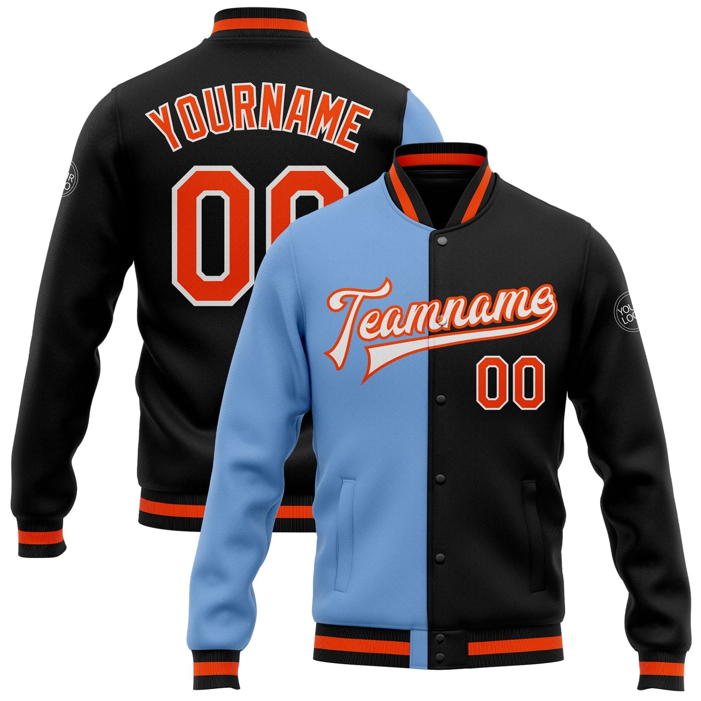 Custom Black Orange-Light Blue Bomber Full-Snap Varsity Letterman Split Fashion Jacket - Main View