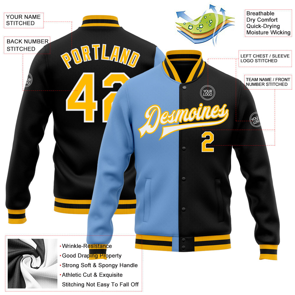 Custom Black Gold-Light Blue Bomber Full-Snap Varsity Letterman Split Fashion Jacket view 5