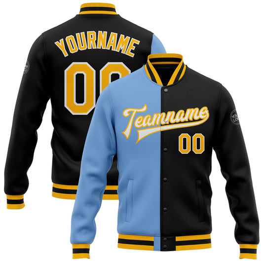 Custom Black Gold-Light Blue Bomber Full-Snap Varsity Letterman Split Fashion Jacket - Main View
