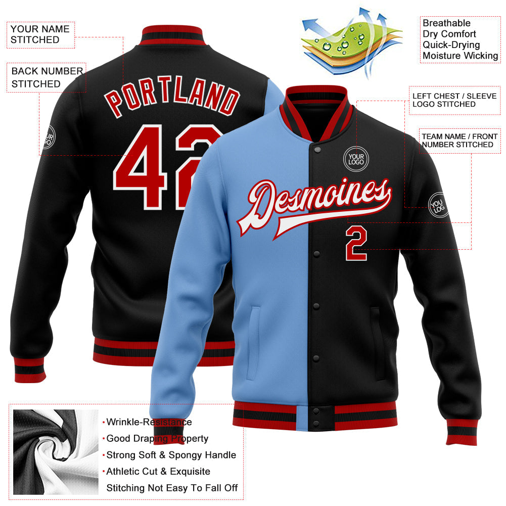 Custom Black Red-Light Blue Bomber Full-Snap Varsity Letterman Split Fashion Jacket view 5