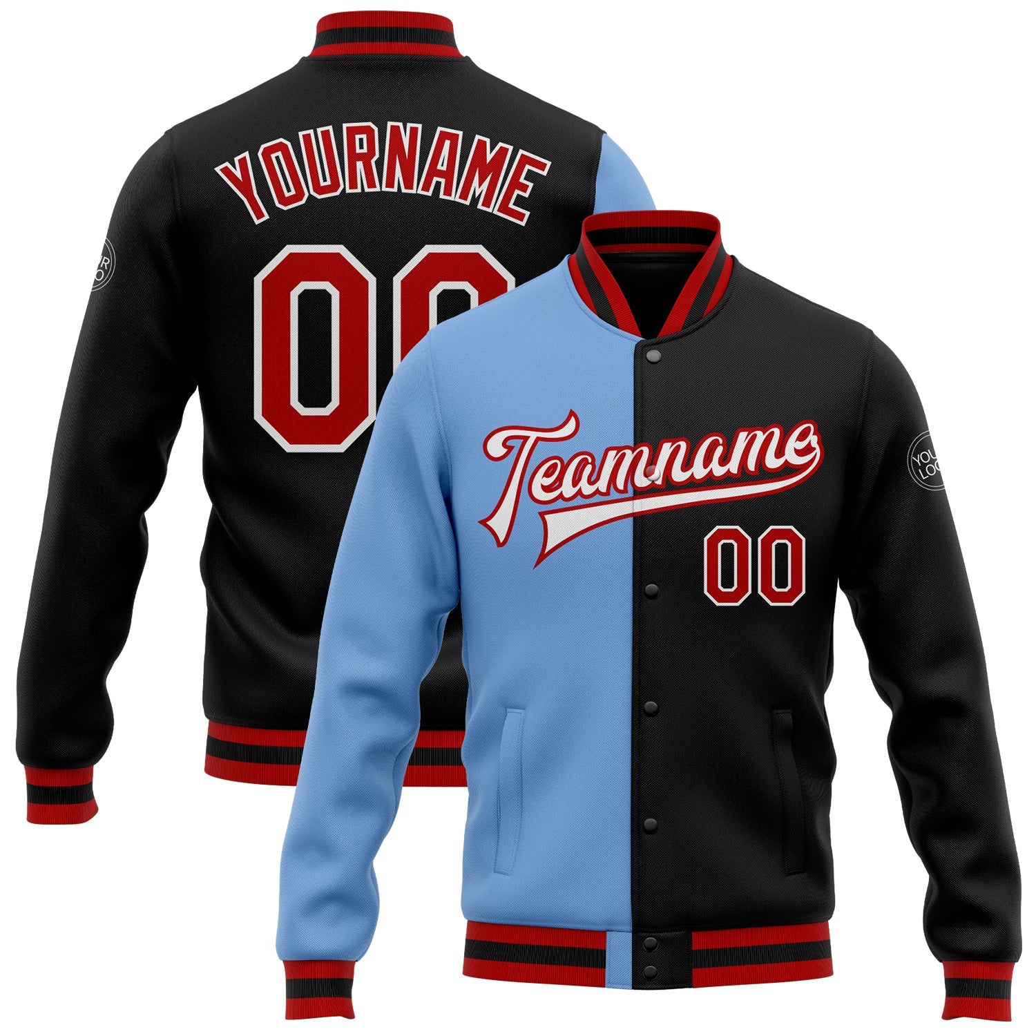 Custom Black Red-Light Blue Bomber Full-Snap Varsity Letterman Split Fashion Jacket - Main View