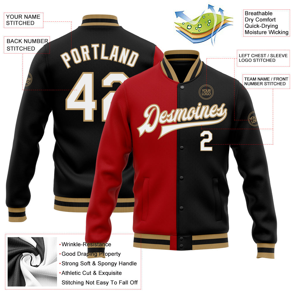 Custom Black White Red-Old Gold Bomber Full-Snap Varsity Letterman Split Fashion Jacket view 5
