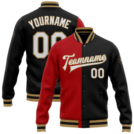 Custom Black White Red-Old Gold Bomber Full-Snap Varsity Letterman Split Fashion Jacket - Main View
