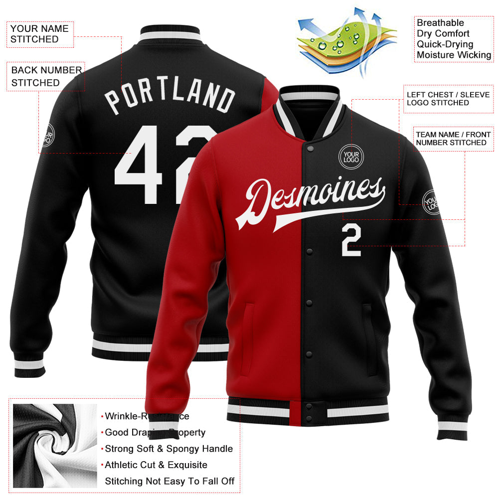 Custom Black White-Red Bomber Full-Snap Varsity Letterman Split Fashion Jacket view 5