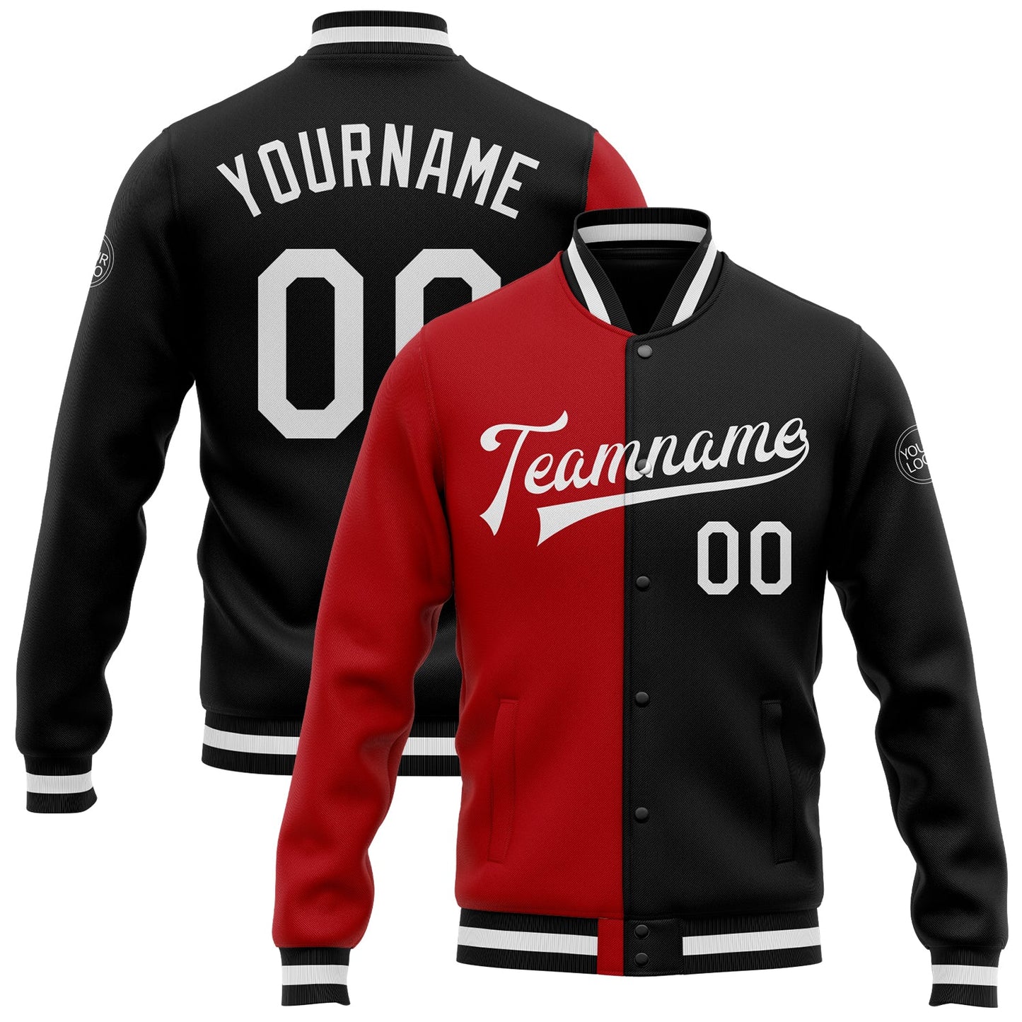 Custom Black White-Red Bomber Full-Snap Varsity Letterman Split Fashion Jacket - Main View