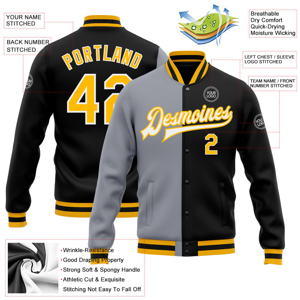 Custom Black Gold-Gray Bomber Full-Snap Varsity Letterman Split Fashion Jacket view 5