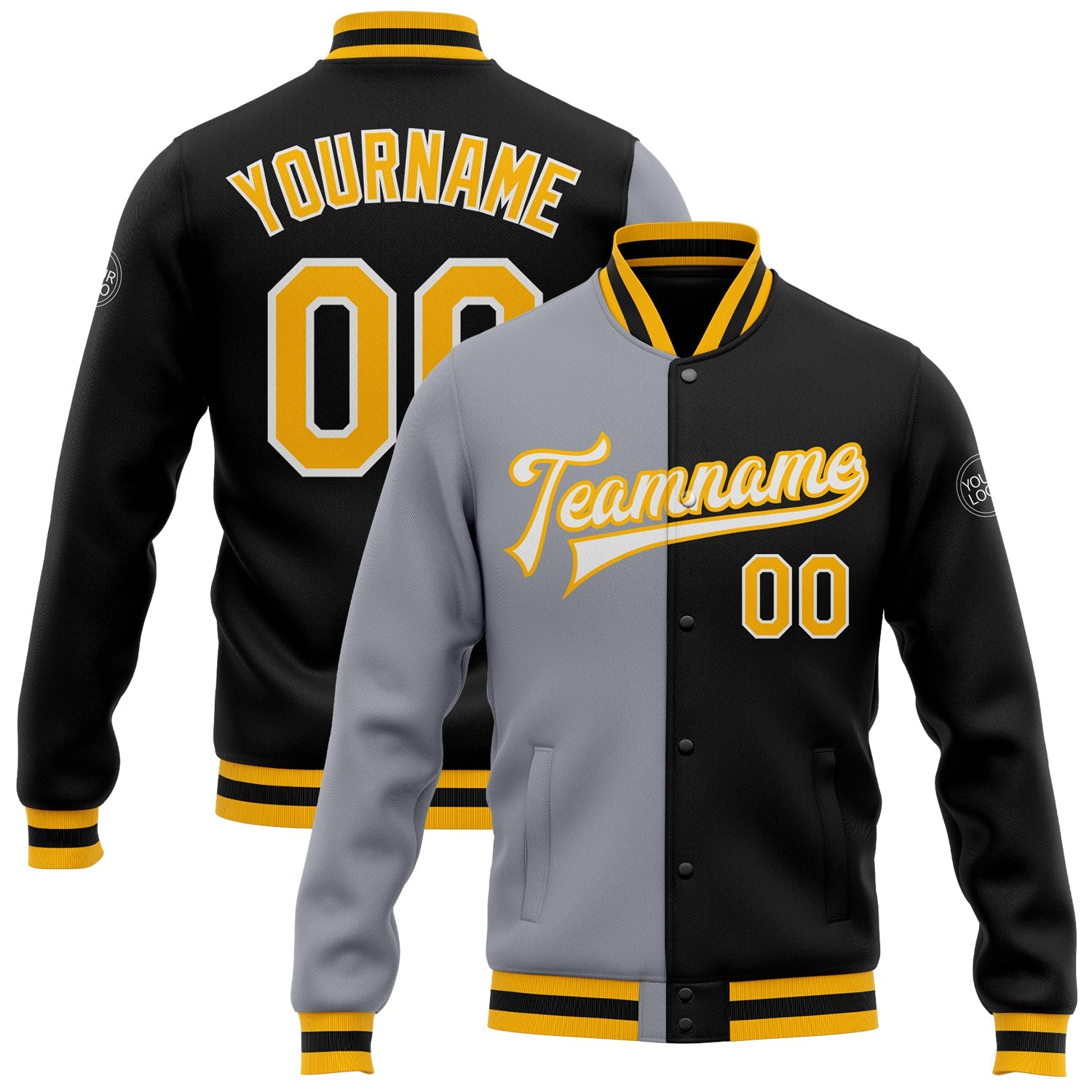 Custom Black Gold-Gray Bomber Full-Snap Varsity Letterman Split Fashion Jacket - Main View