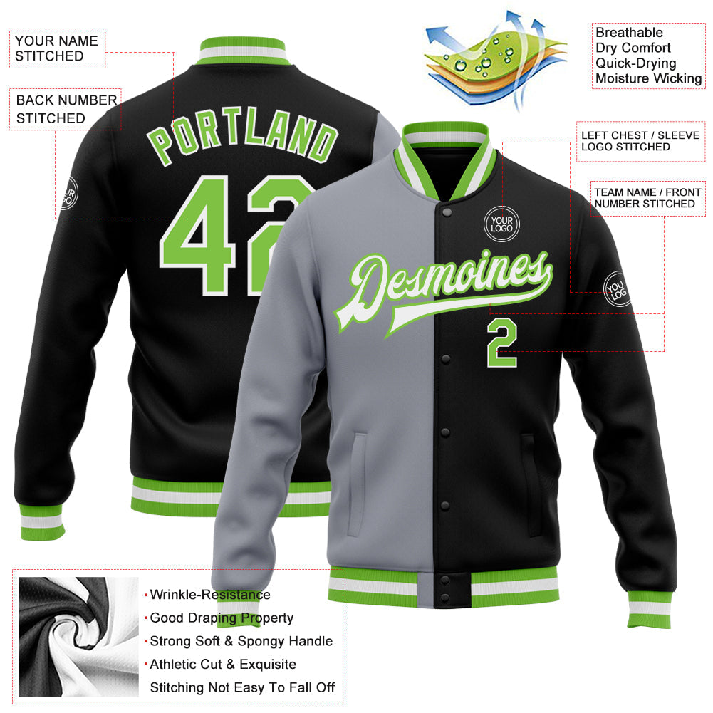 Custom Black Neon Green-Gray Bomber Full-Snap Varsity Letterman Split Fashion Jacket view 5