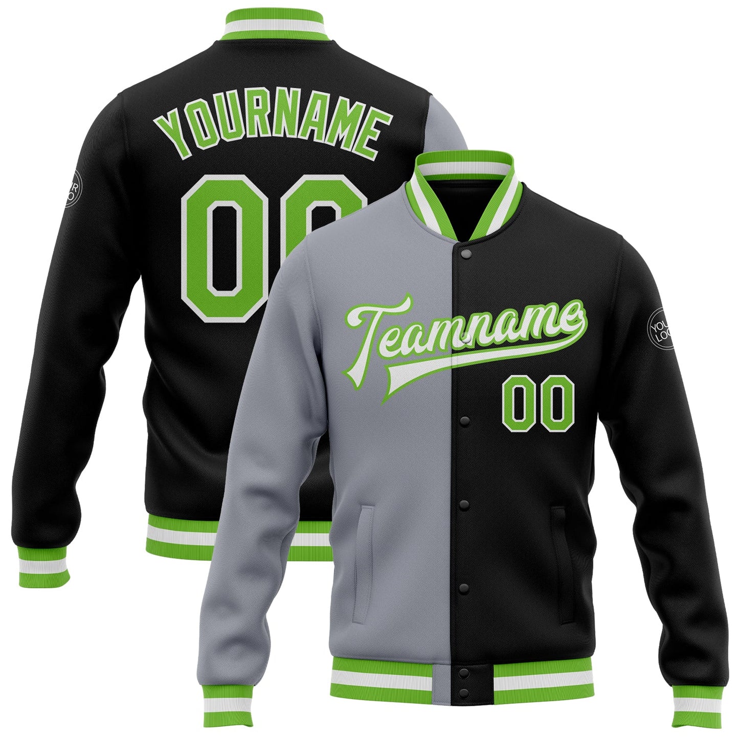 Custom Black Neon Green-Gray Bomber Full-Snap Varsity Letterman Split Fashion Jacket - Main View