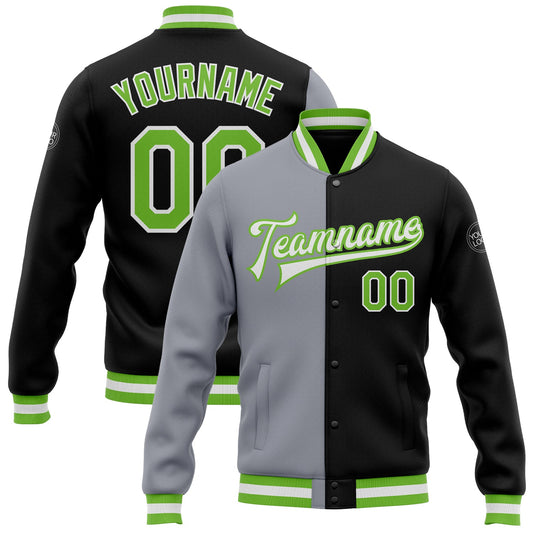 Custom Black Neon Green-Gray Bomber Full-Snap Varsity Letterman Split Fashion Jacket - Main View