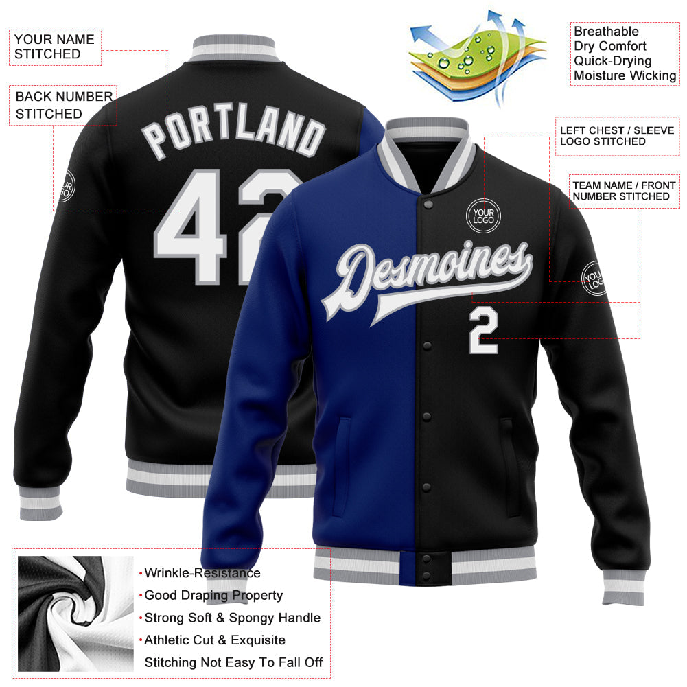 Custom Black White Royal-Gray Bomber Full-Snap Varsity Letterman Split Fashion Jacket view 5