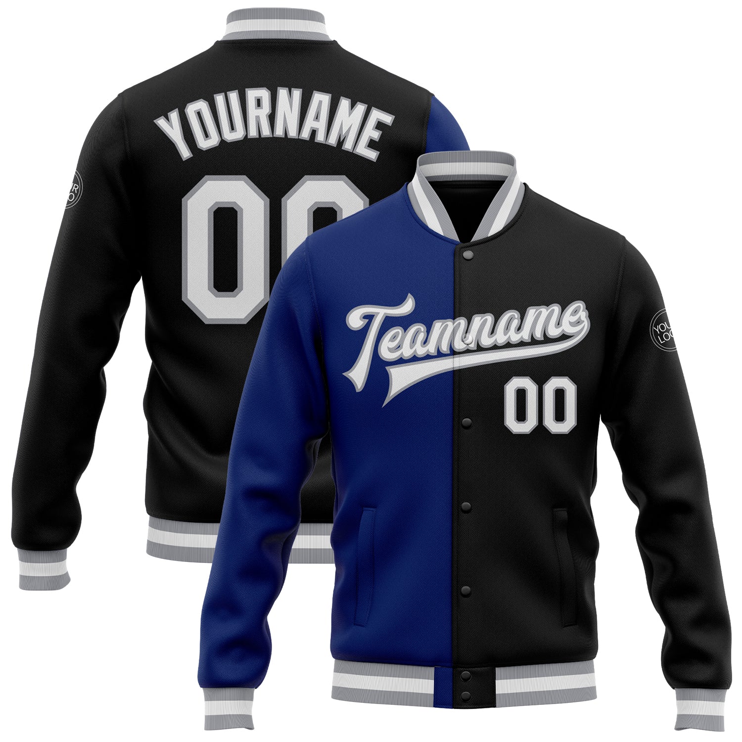 Custom Black White Royal-Gray Bomber Full-Snap Varsity Letterman Split Fashion Jacket - Main View