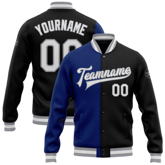 Custom Black White Royal-Gray Bomber Full-Snap Varsity Letterman Split Fashion Jacket - Main View
