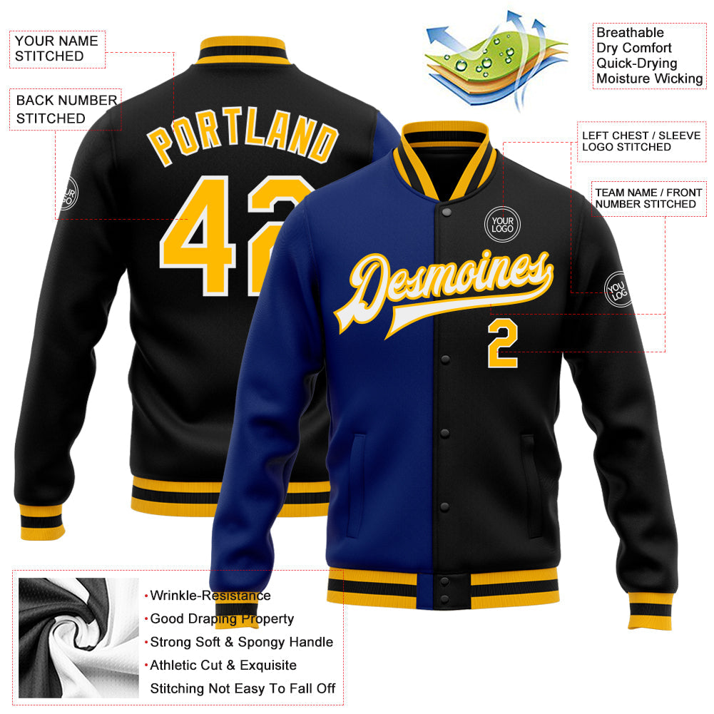 Custom Black Gold-Royal Bomber Full-Snap Varsity Letterman Split Fashion Jacket view 5