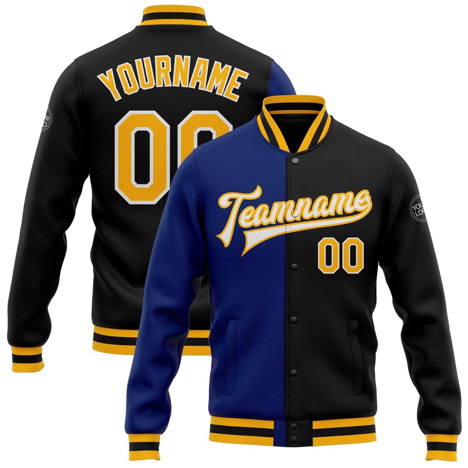 Custom Black Gold-Royal Bomber Full-Snap Varsity Letterman Split Fashion Jacket - Main View