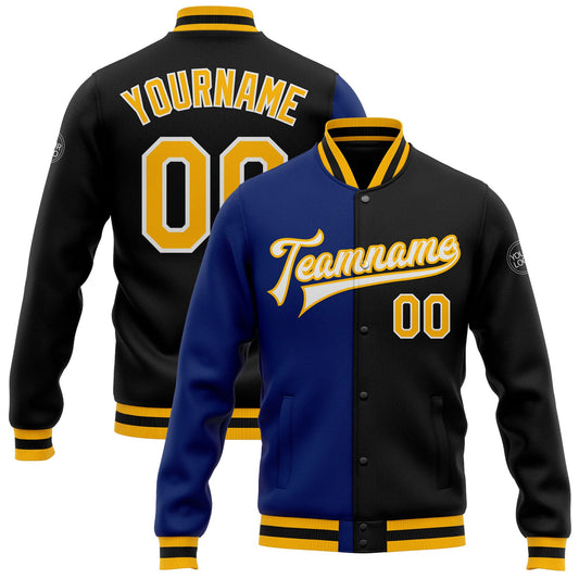 Custom Black Gold-Royal Bomber Full-Snap Varsity Letterman Split Fashion Jacket - Main View