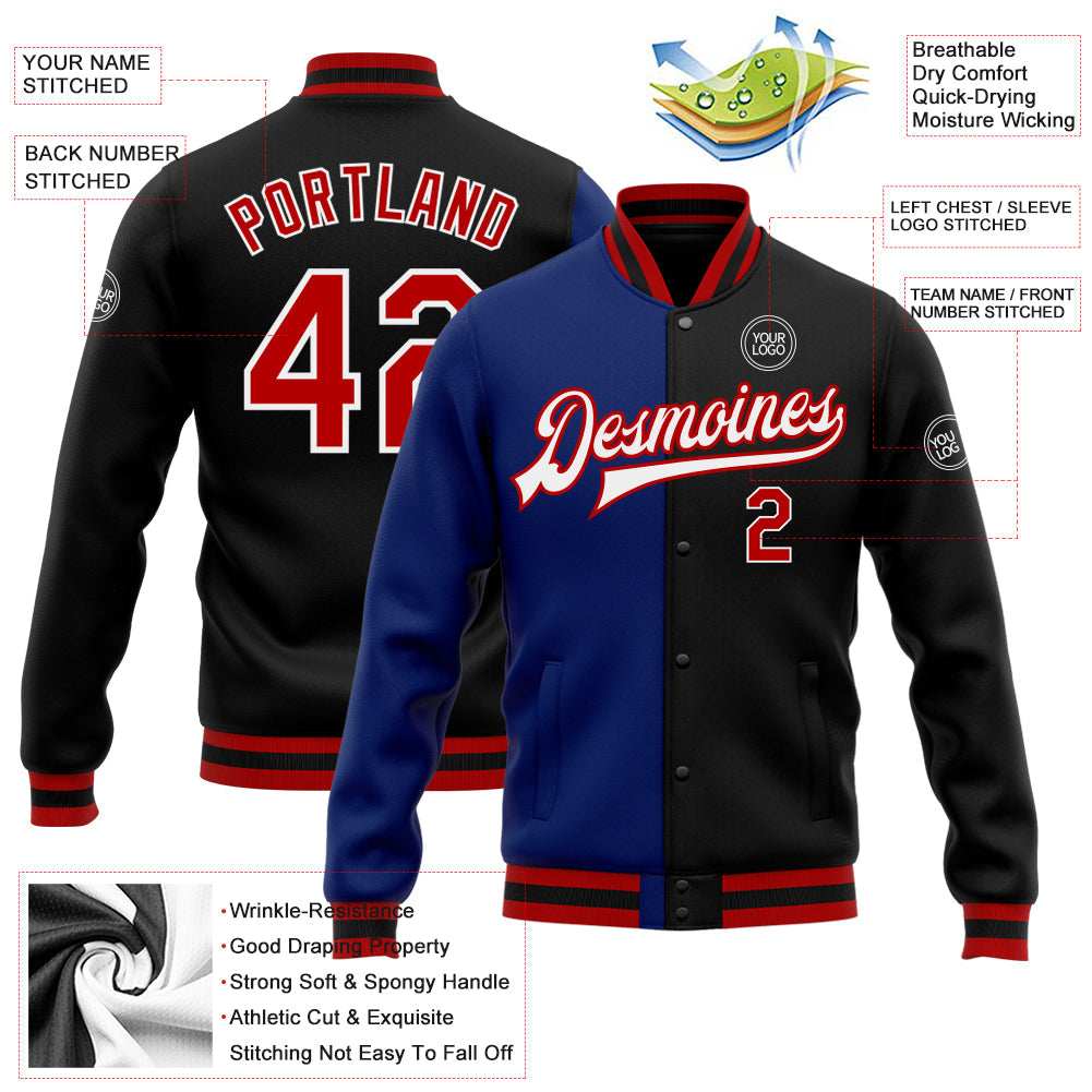 Custom Black Red-Royal Bomber Full-Snap Varsity Letterman Split Fashion Jacket view 5