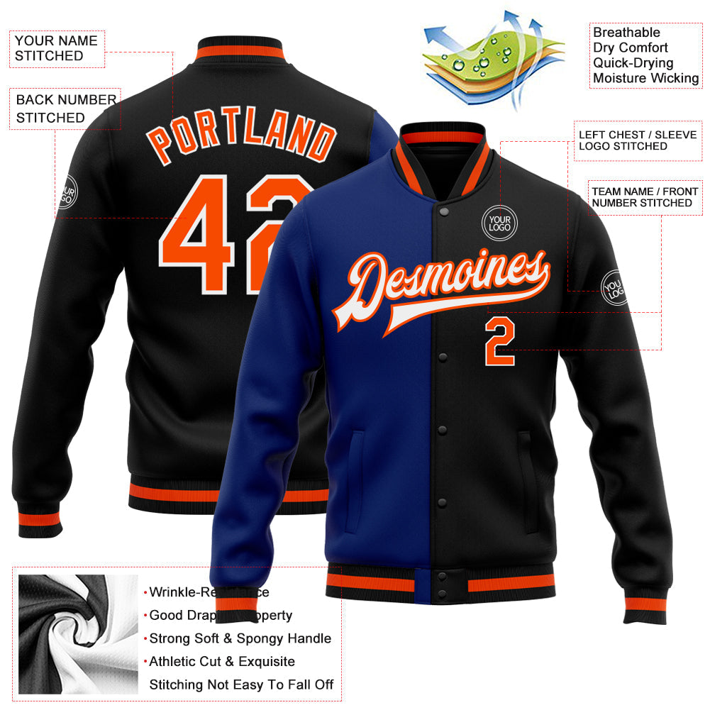 Custom Black Orange-Royal Bomber Full-Snap Varsity Letterman Split Fashion Jacket view 5