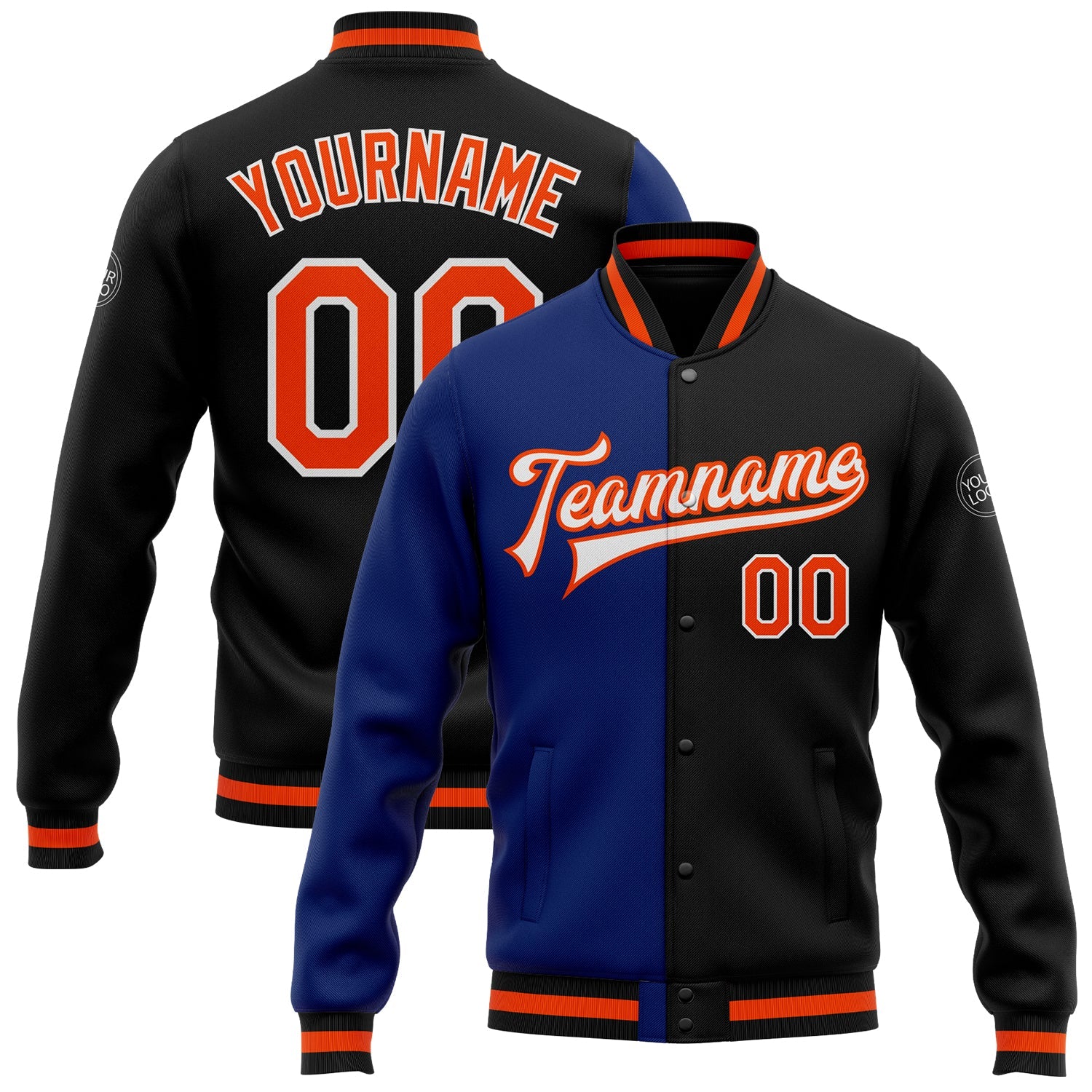Custom Black Orange-Royal Bomber Full-Snap Varsity Letterman Split Fashion Jacket - Main View