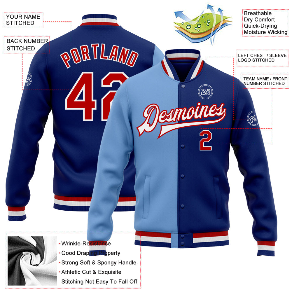 Custom Royal Red-Light Blue Bomber Full-Snap Varsity Letterman Split Fashion Jacket view 5